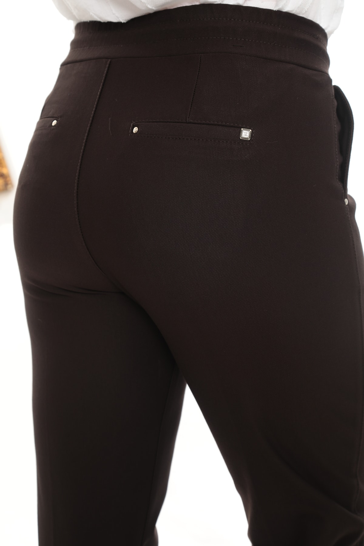 Kadın Kahve Yüksek Bel Mom Fit Örme Pantolon - Görsel 4