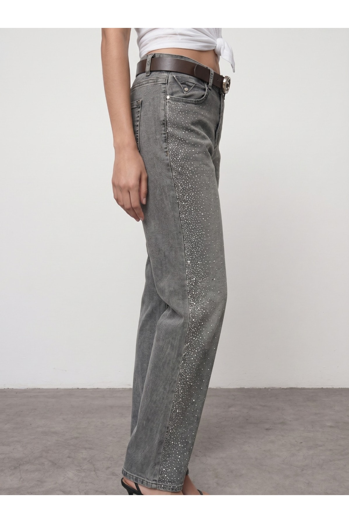 Gri Taş Detaylı normal Bel Slim Fit Yazlık Kot Pantolon - Görsel 2