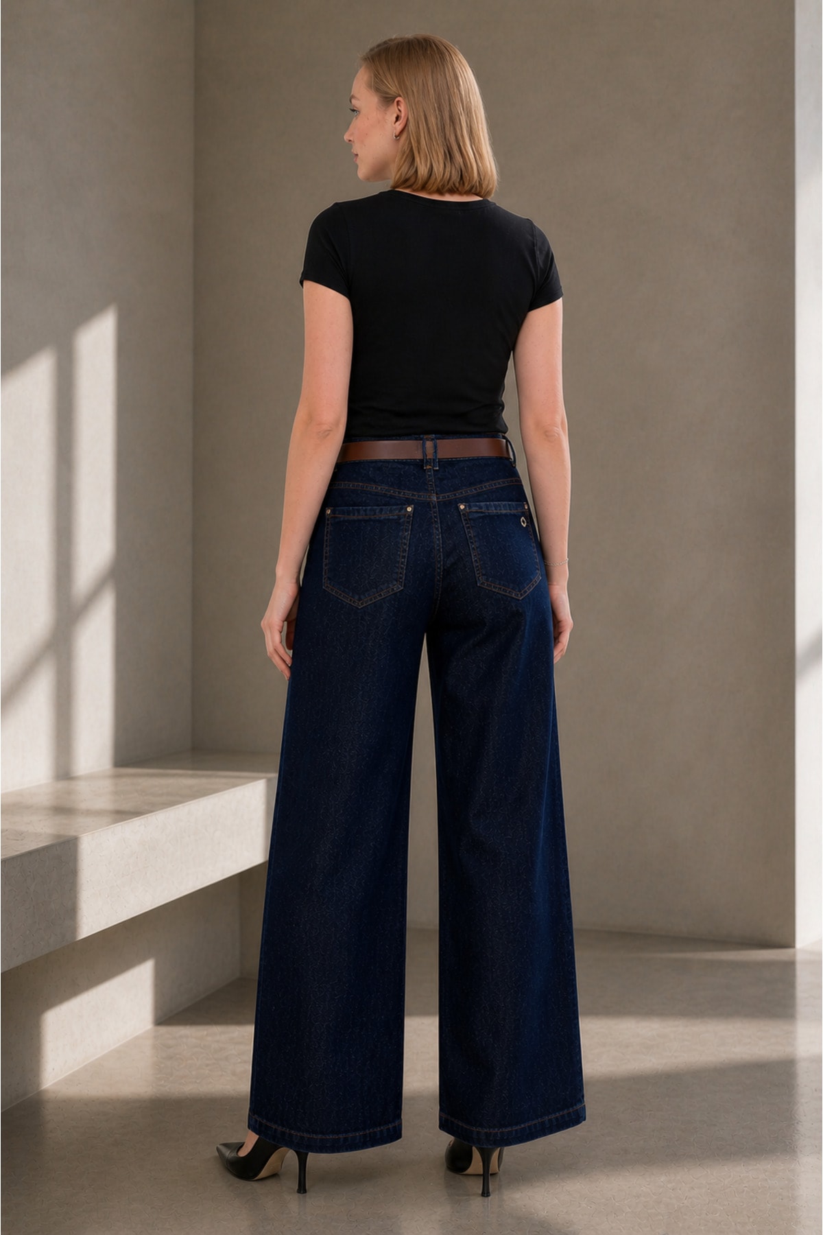 Koyu Lacivert Yüksek Bel Geniş Paça Denim - Görsel 2