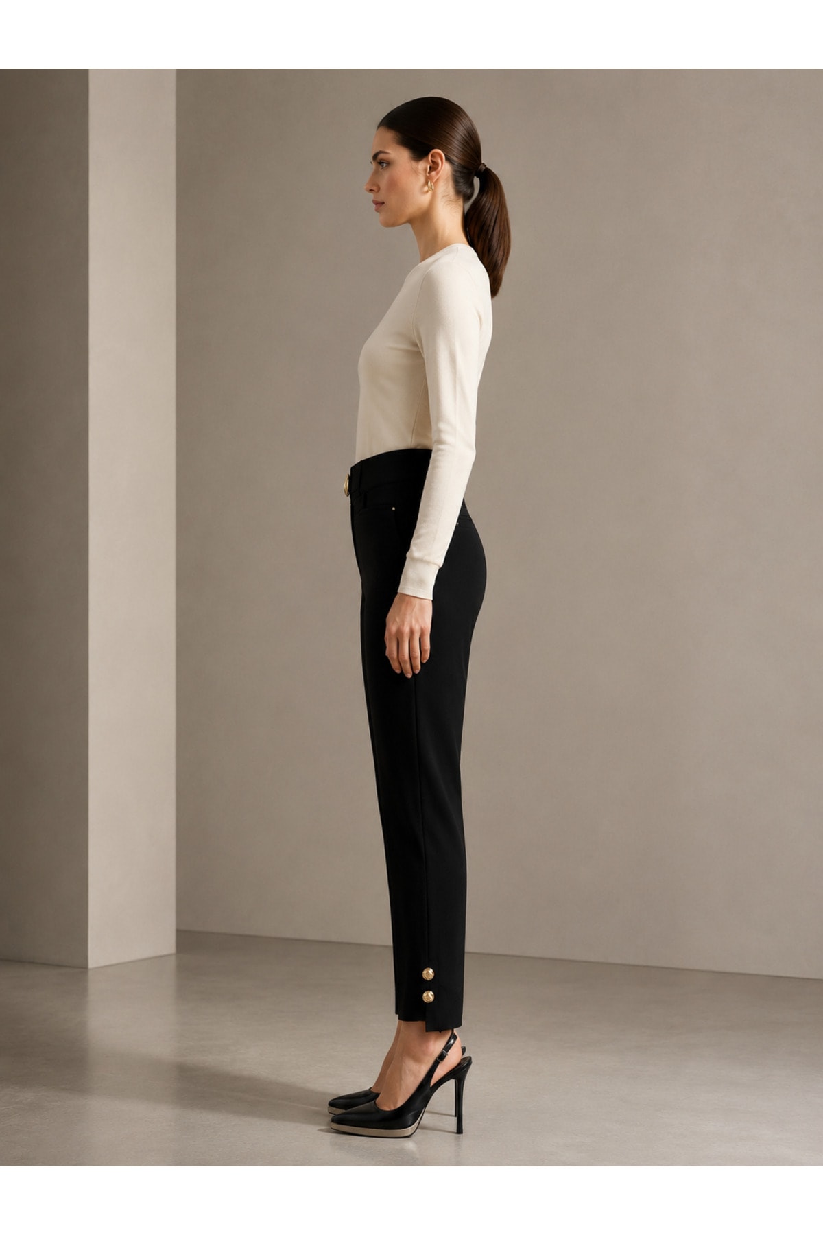 Minimal Gold Detaylı Esnek Örme Kumaş Pantolon - Görsel 2