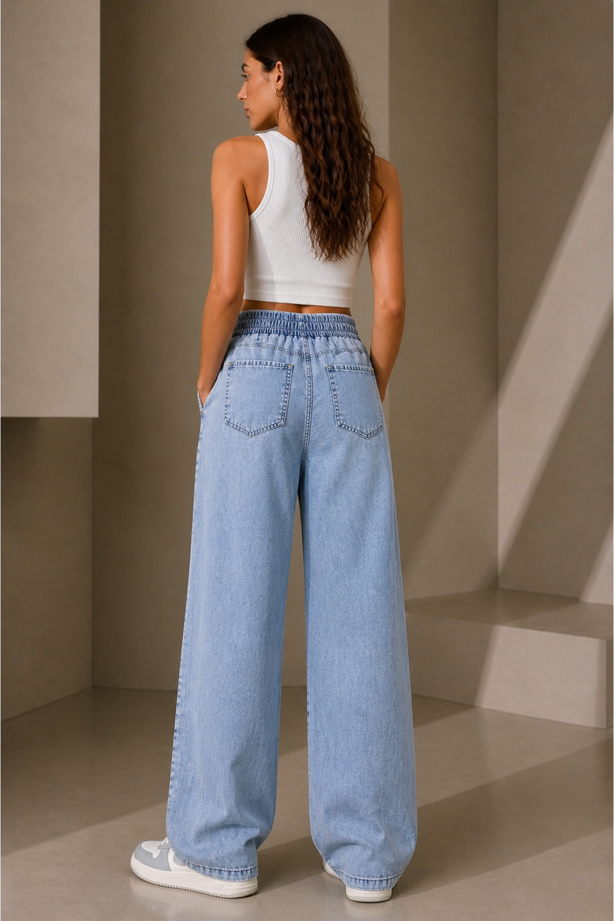 Vintage Efektli Tensel Kumaş Lastikli Bel Geniş Paça Pantolon - Görsel 6