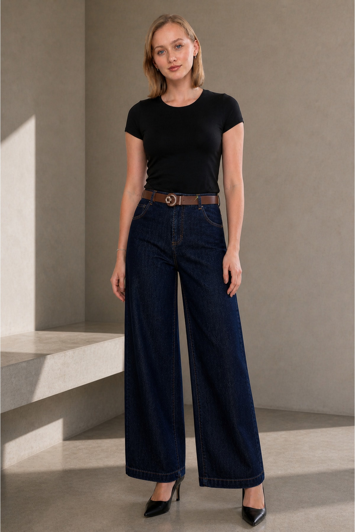 Koyu Lacivert Yüksek Bel Geniş Paça Denim - Görsel 1
