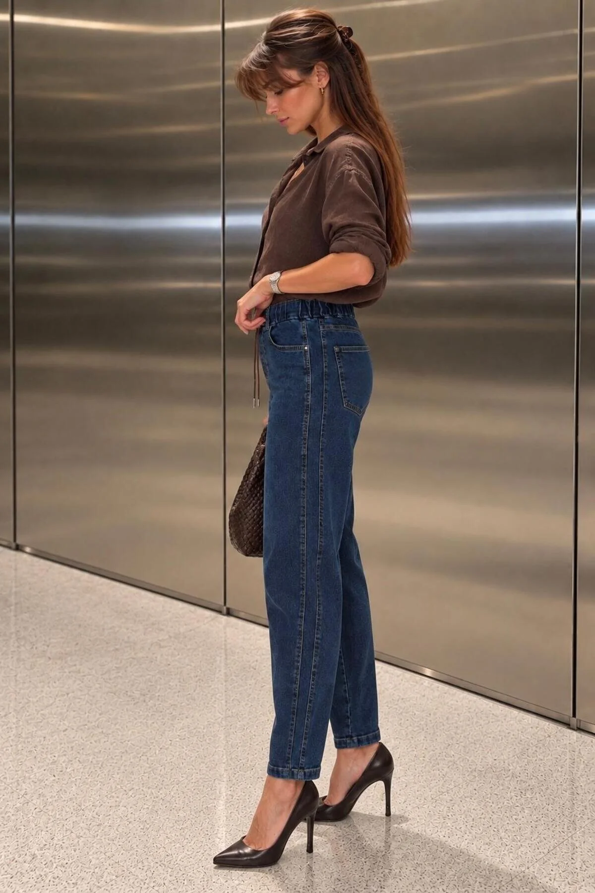 Beli Lastikli Bağcıklı Rahat Kesim Jean Pantolon - Görsel 2
