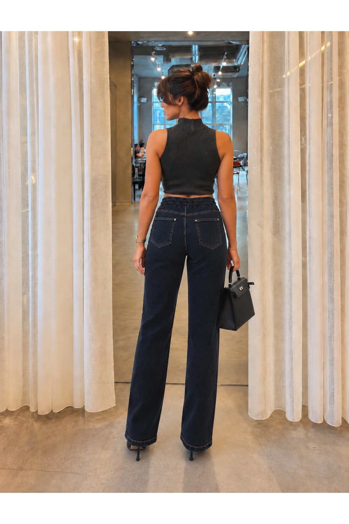 Kadın Beli Lastikli Bağcıklı Jean Pantolon - Görsel 2