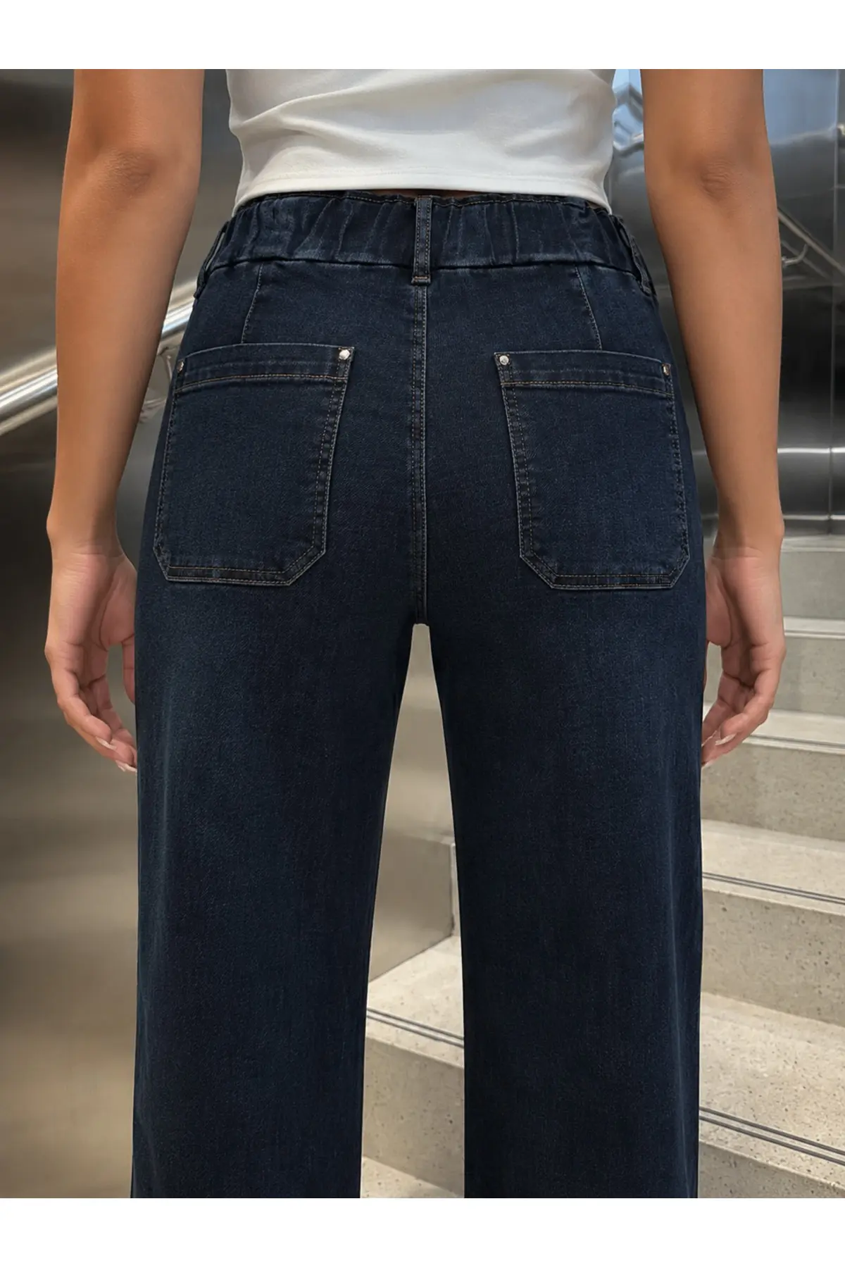 Kadın Beli Lastikli Ön Cepli Jean Pantolon - Görsel 2