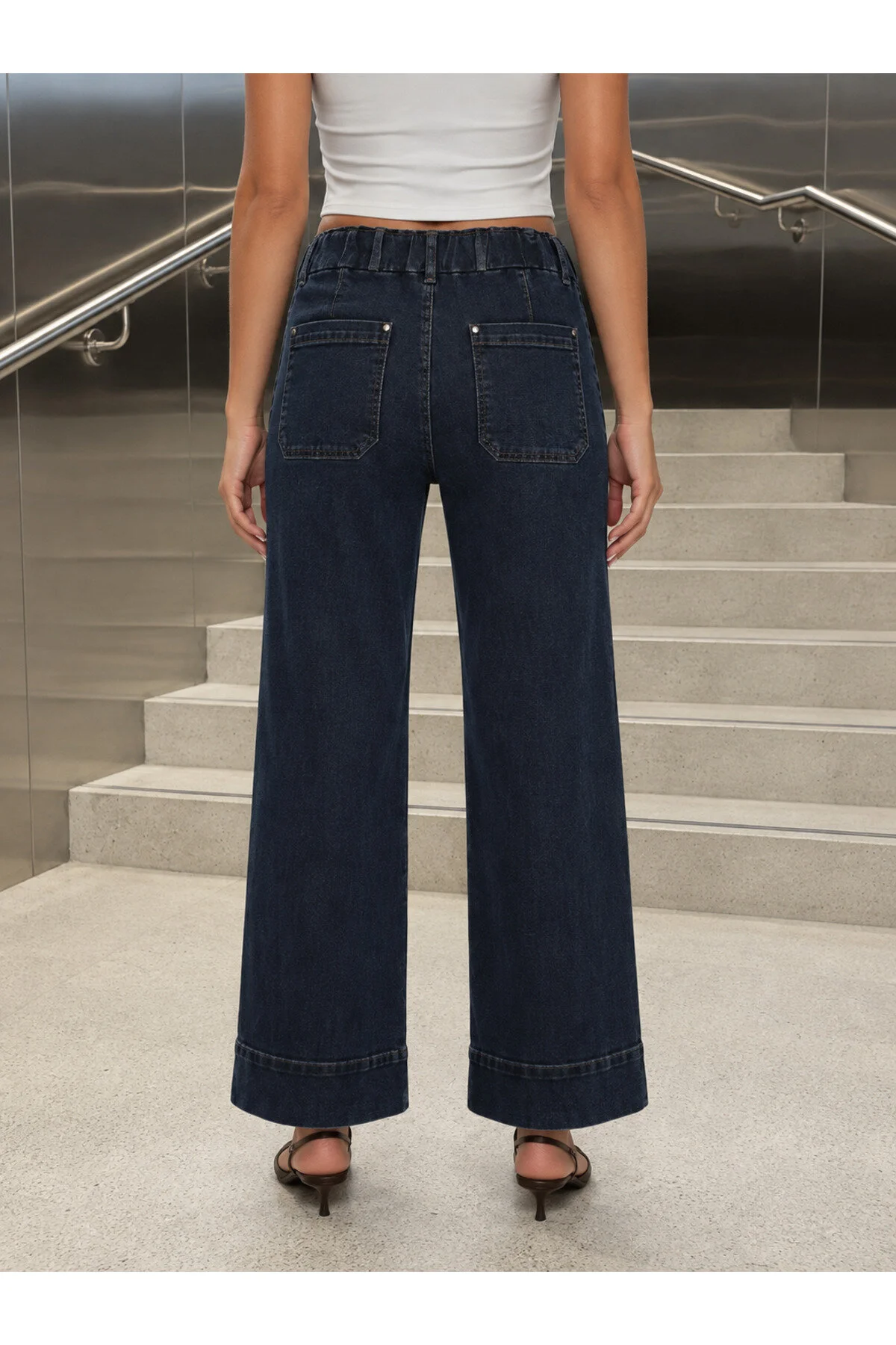 Kadın Beli Lastikli Ön Cepli Jean Pantolon - Görsel 4