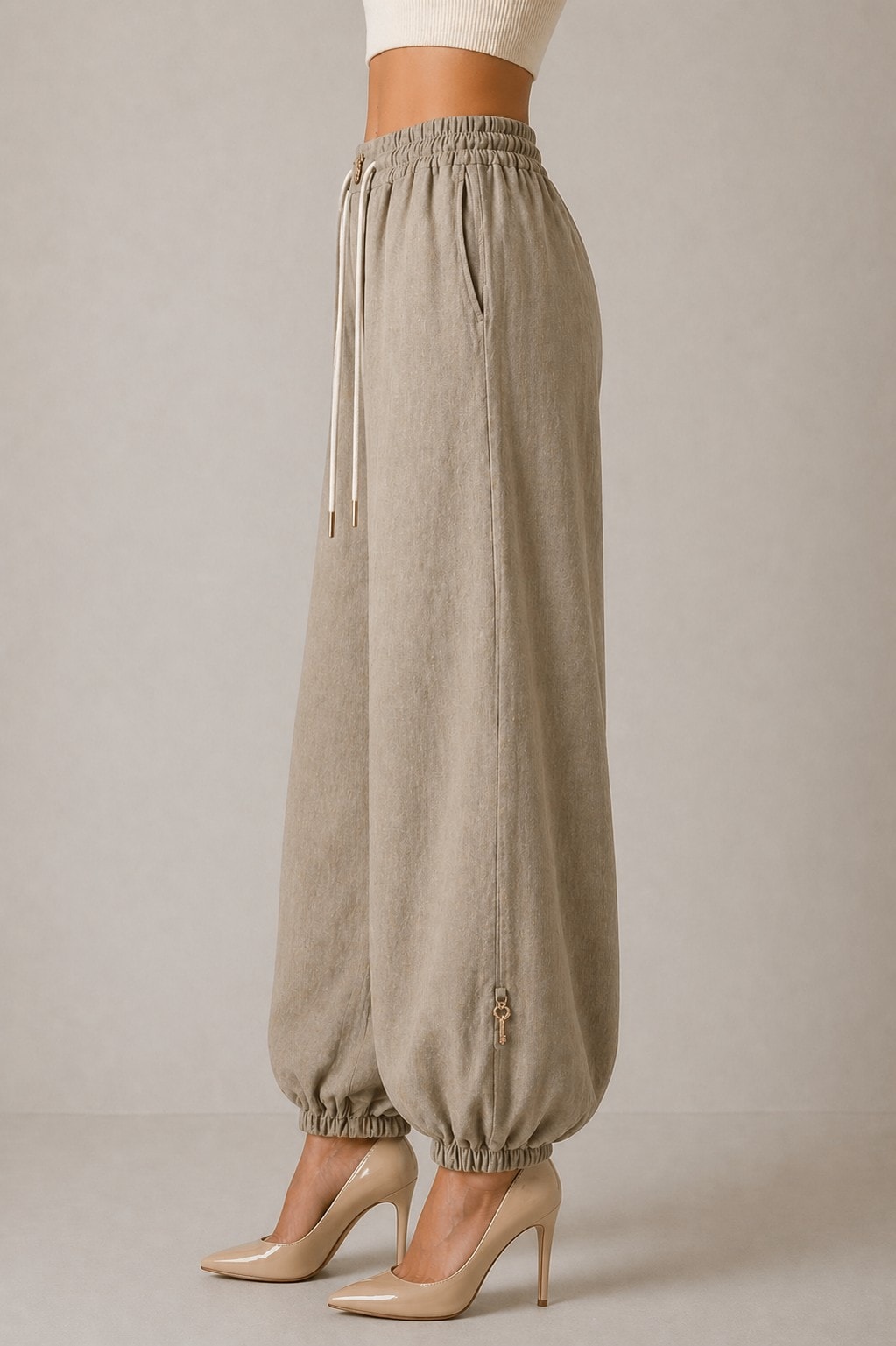 Beige Natural Textured Linen Aladdin Pants – Relaxed Fit - Görsel 3