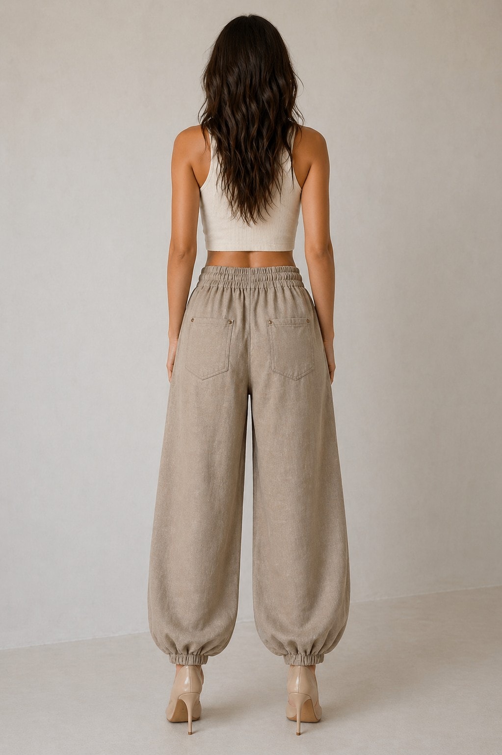 Beige Natural Textured Linen Aladdin Pants – Relaxed Fit - Görsel 2