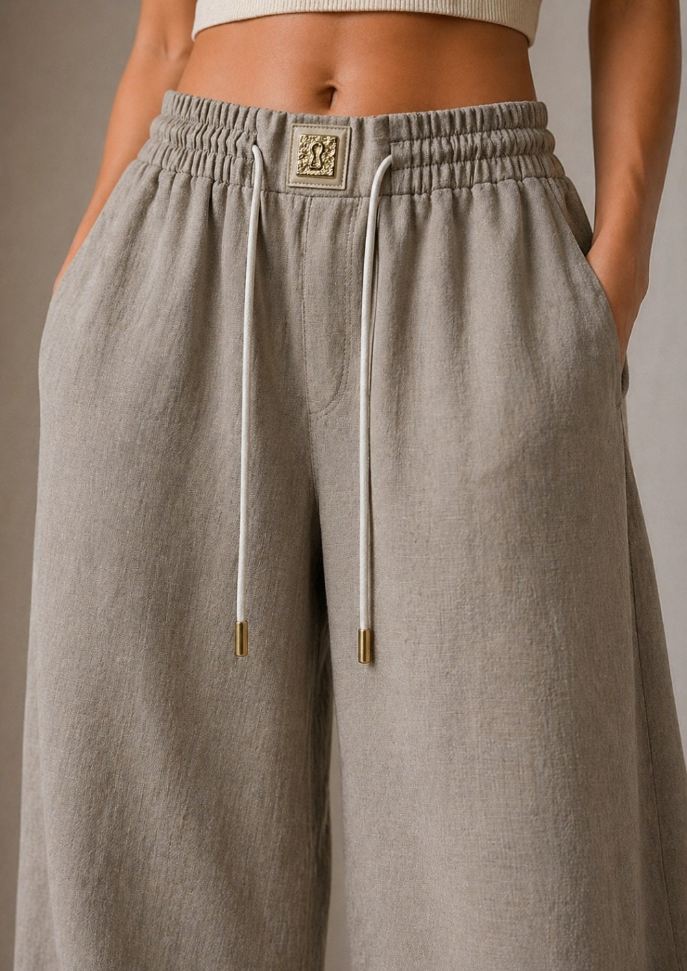 Beige Natural Textured Linen Aladdin Pants – Relaxed Fit - Görsel 4